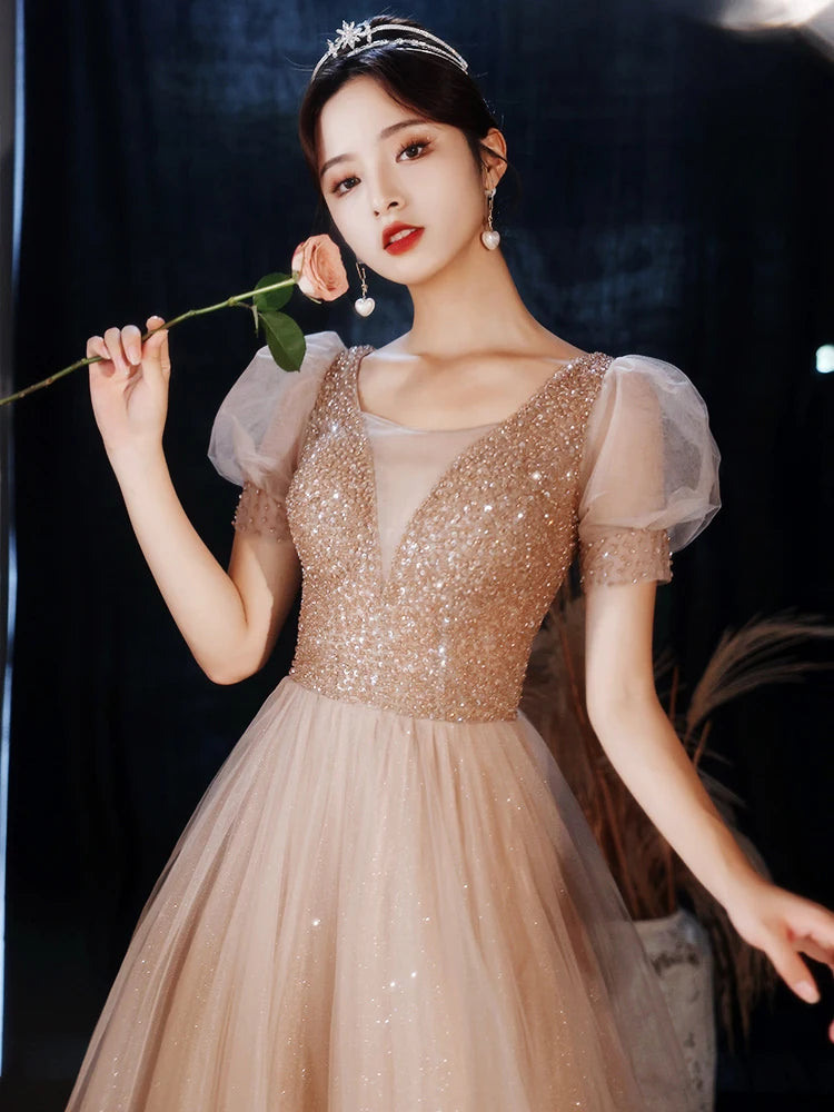 Elegant Sequined Tulle A-line Evening Gown With Sleeves on Luulla