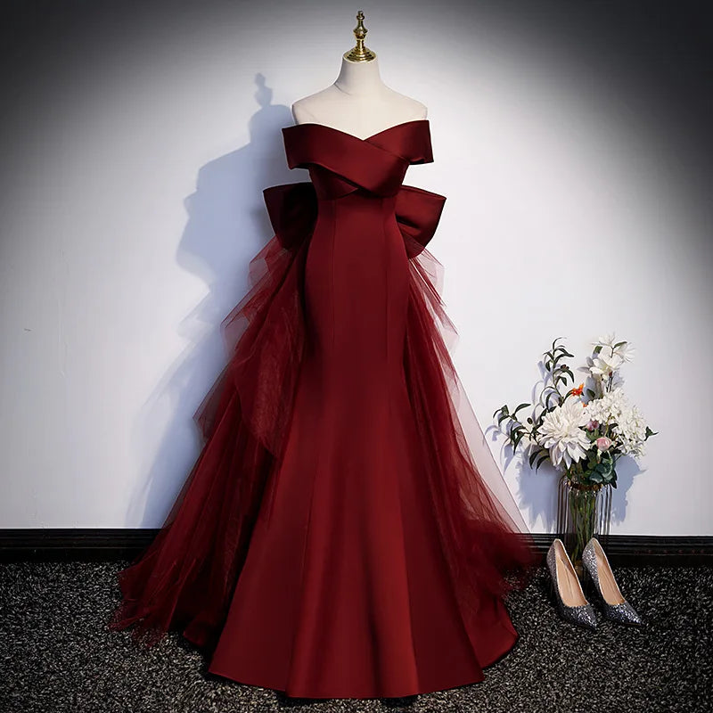 Elegant Burgundy Off-shoulder Gown With Tulle Overlay