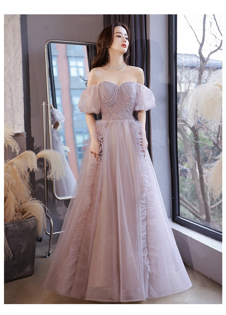 Elegant Tulle Puff Sleeve Evening Gown With Beaded Accents on Luulla