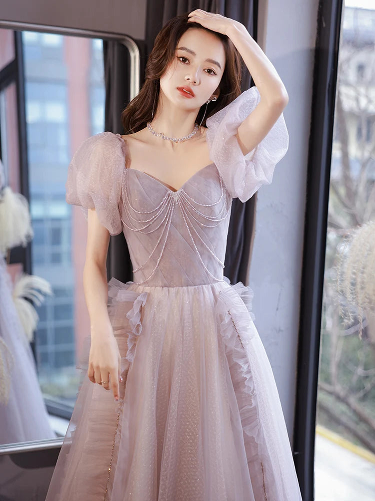 Elegant Tulle Puff Sleeve Evening Gown With Beaded Accents on Luulla