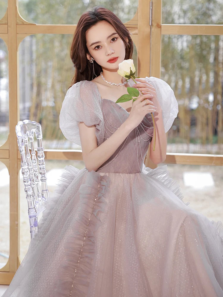 Women Evening Dress with Puff Sleeves Tassel Pearls Tulle Train Prom Gown main image 0