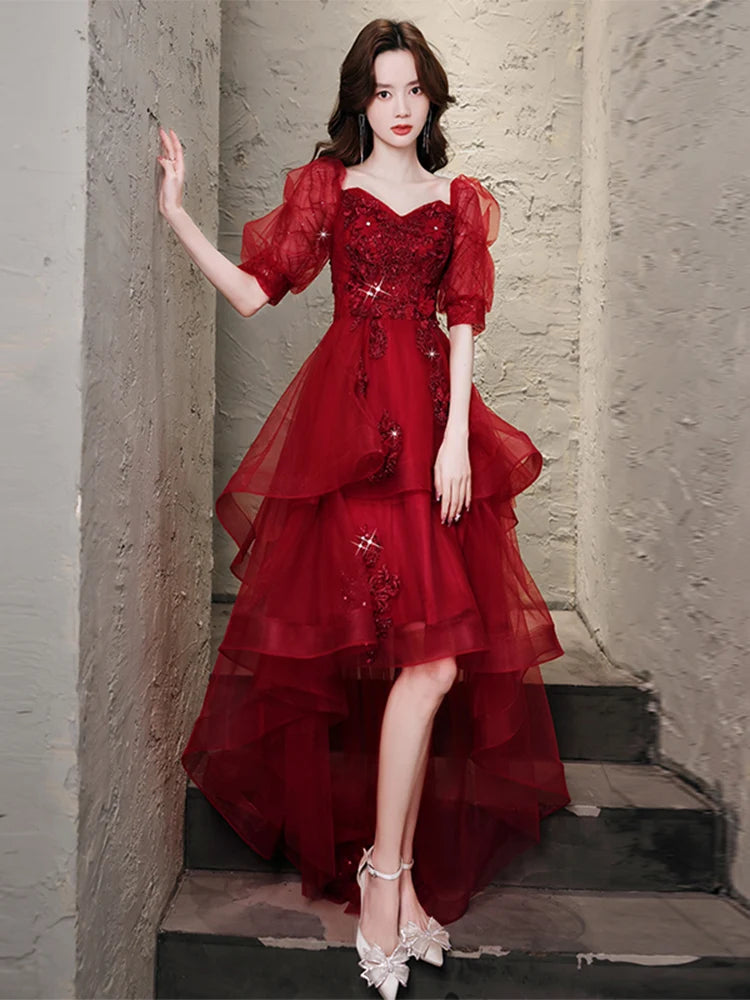 red high low tulle dress Red Ruffled High Low Red Tulle prom dress with Puffy Tulle Skirt and V-Neckline for Women