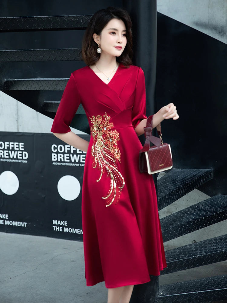 Fancy Midi Burgundy Dress