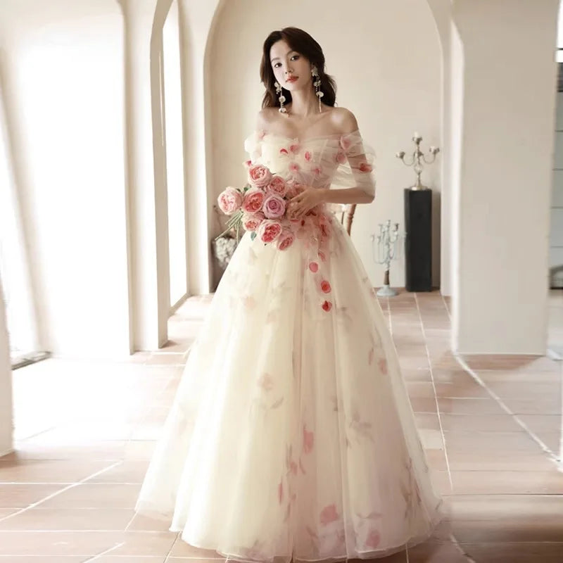 Elegant Off-shoulder Floral Applique Tulle Evening Gown on Luulla