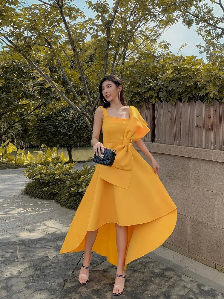ASYMMETRIC FEATHER MINI DRESS IN YELLOW