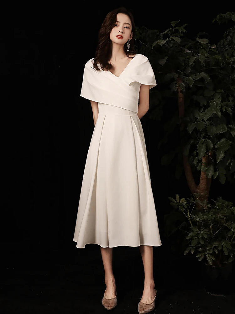 Elegant V-neck Midi Cocktail Dress With Cap Sleeves