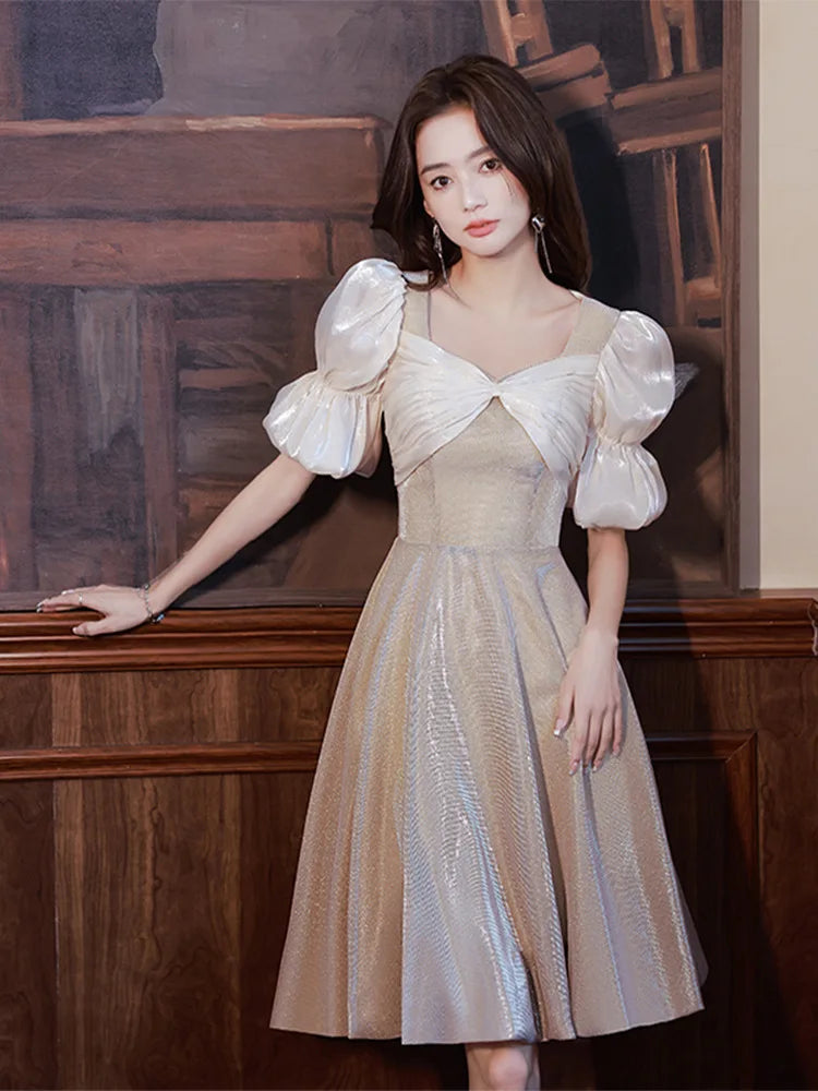 knee length dresses for ladies Delicate Metallic Puff Sleeve Dress – Francis + Fern