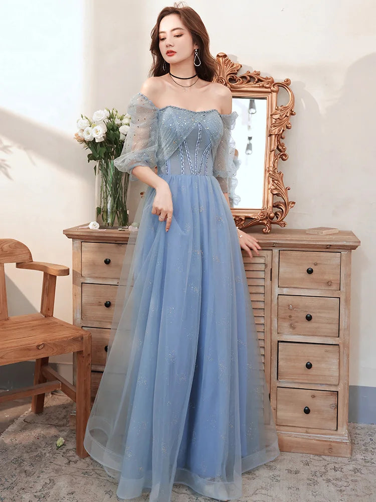 beaded tulle cocktail dress Blue Tulle Beaded Long Prom Dress Formal Dress Navy Blue / 8