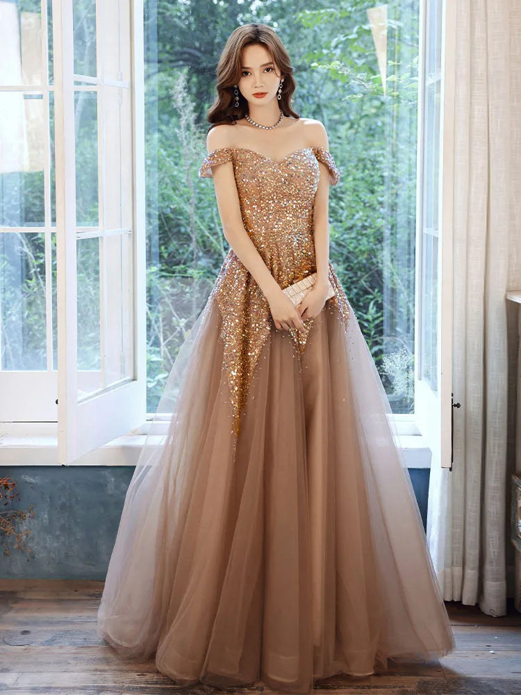 Elegant Off-shoulder Gold Sequin Tulle Evening Gown