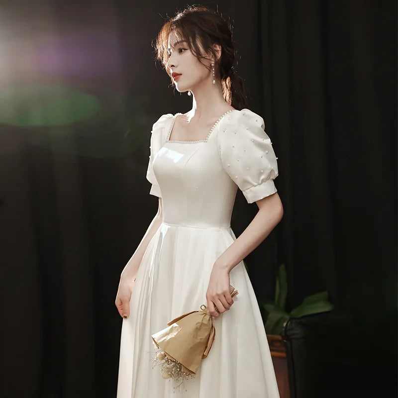 pearl a line dress VW2616 Simple A-Line Wedding Dress with Pearl Neckline & Train – Viniodress main image 1
