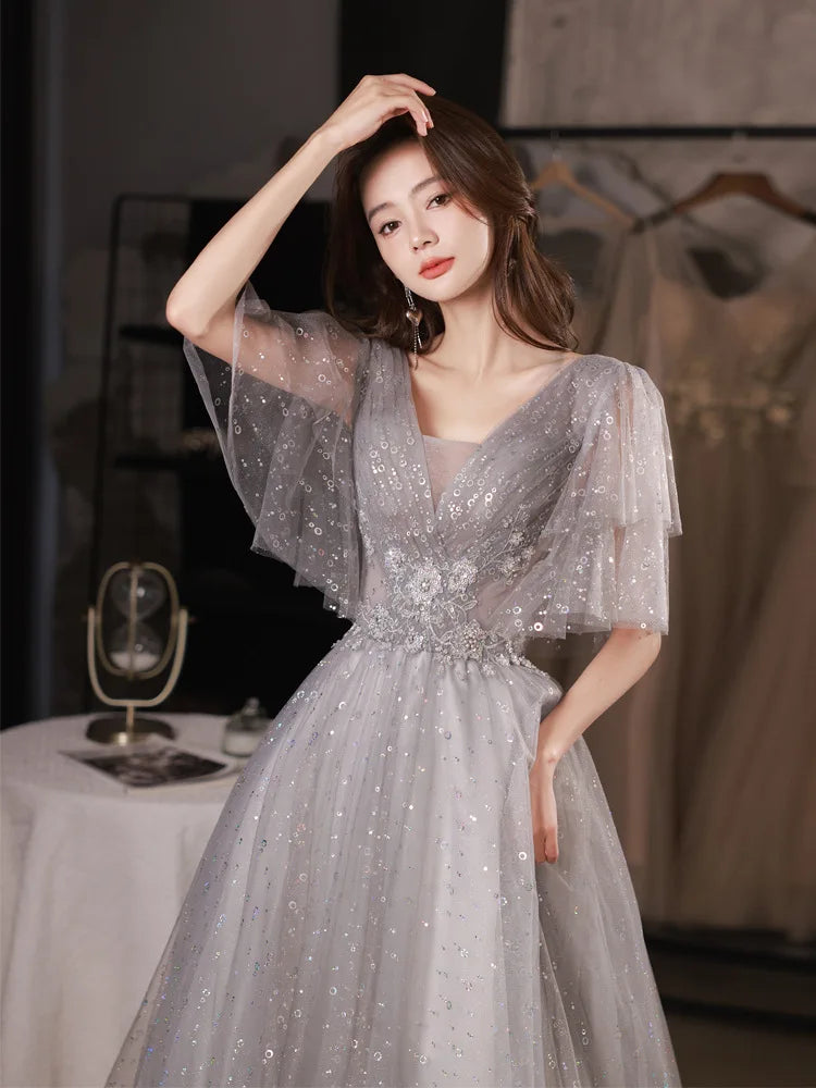 Modern Yellow Sparkle Tulle Evening Gown with Deep V-Neck,OLP1866