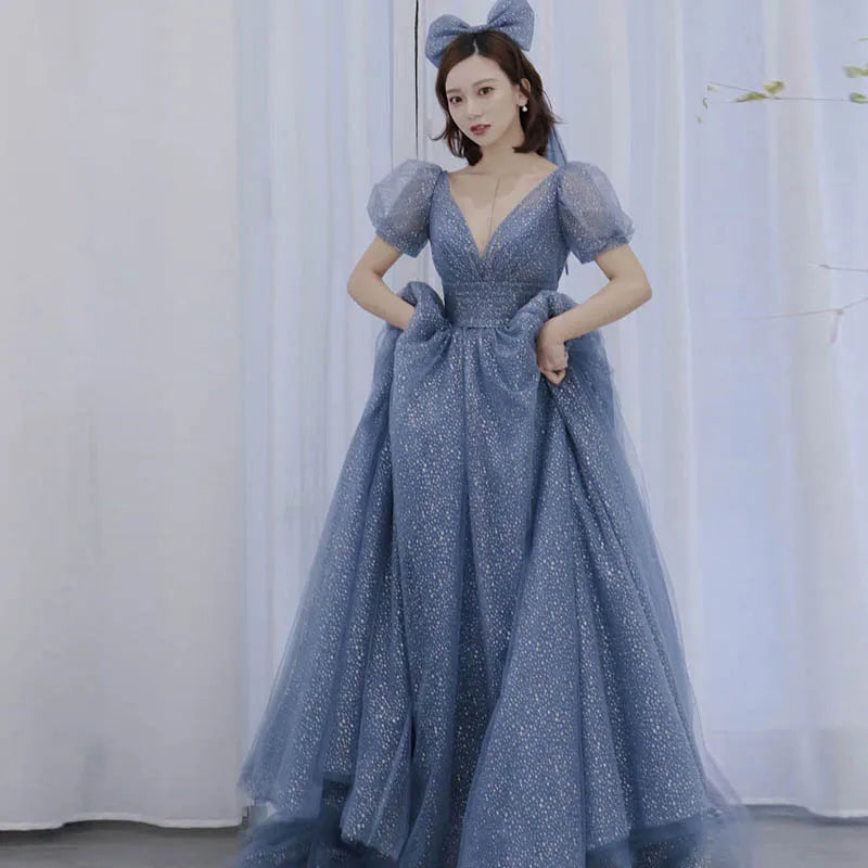Elegant Blue Puffy Sleeves Evening Dress Blue Party Dress Y6595 main image 1