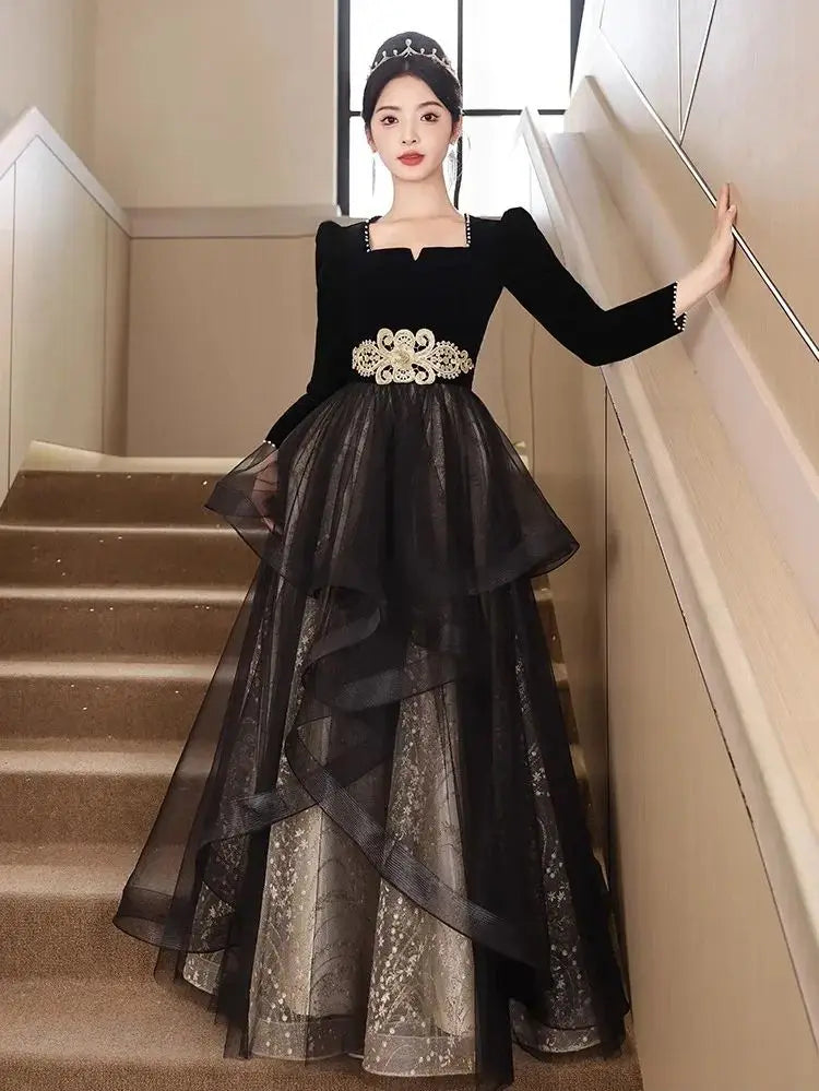 chinese dress ladies Lavender Tulle Sequin Ruffle Tiered Long Prom Dress Formal Dress US8 / Black