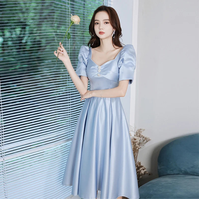 knee length dresses for ladies Cream Satin Puff Sleeve Midi Dress Small