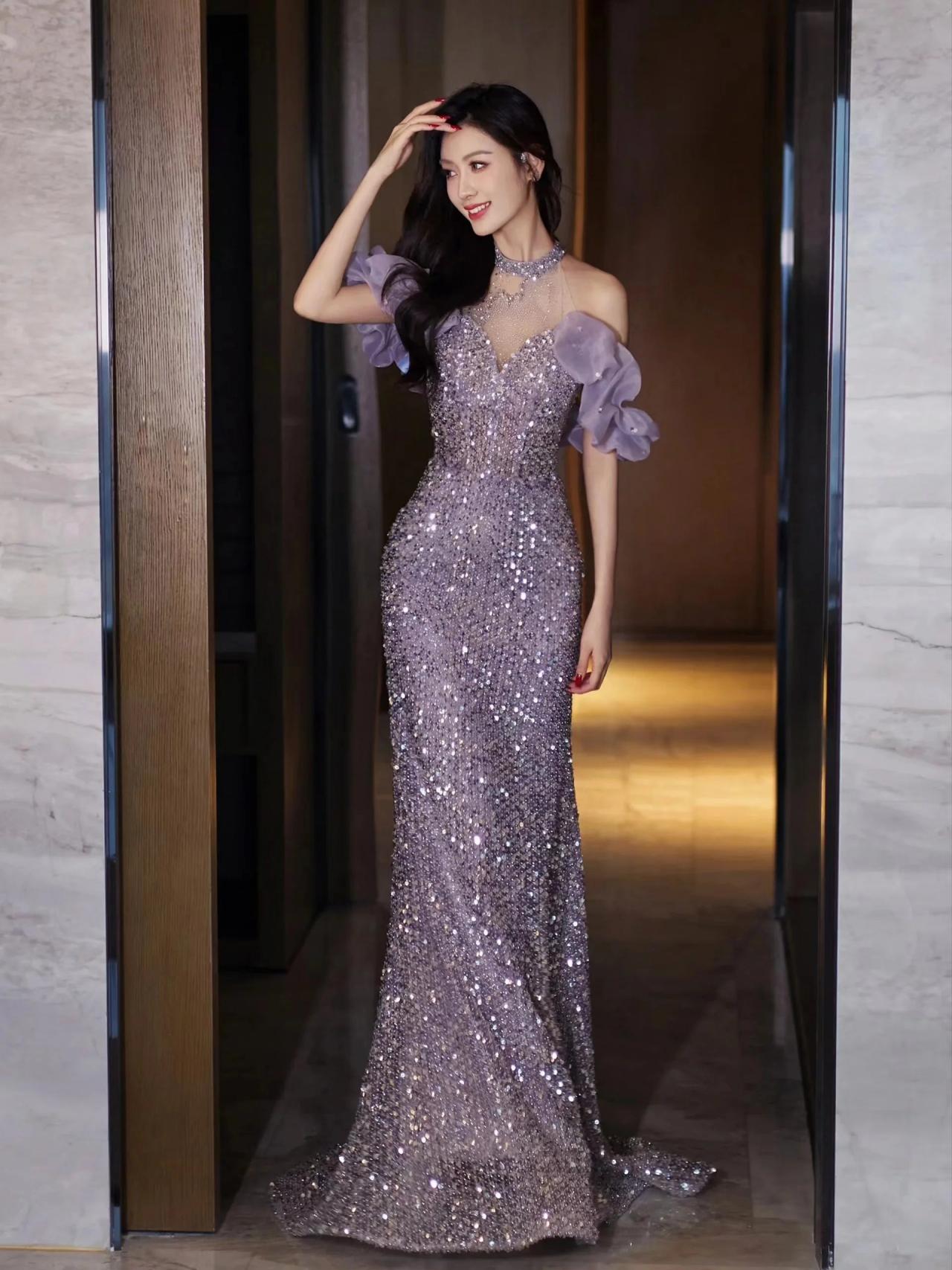 Elegant Sequin Embellished Gown With Sheer Puff Sleeves on Luulla