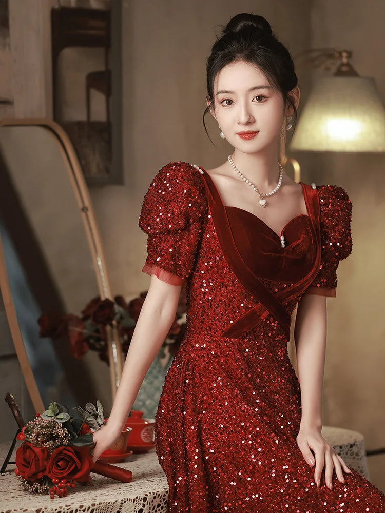 Elegant Red Sequin Evening Gown With Puff Sleeves on Luulla