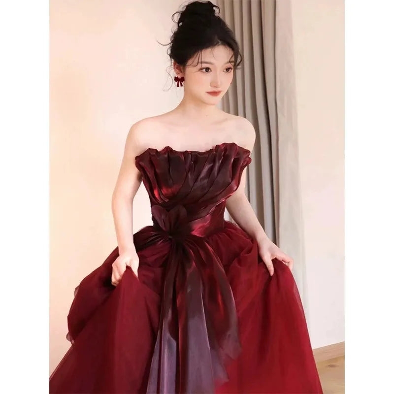 wine red strapless dress Elegant Strapless Wine Red Satin Evening Gown
