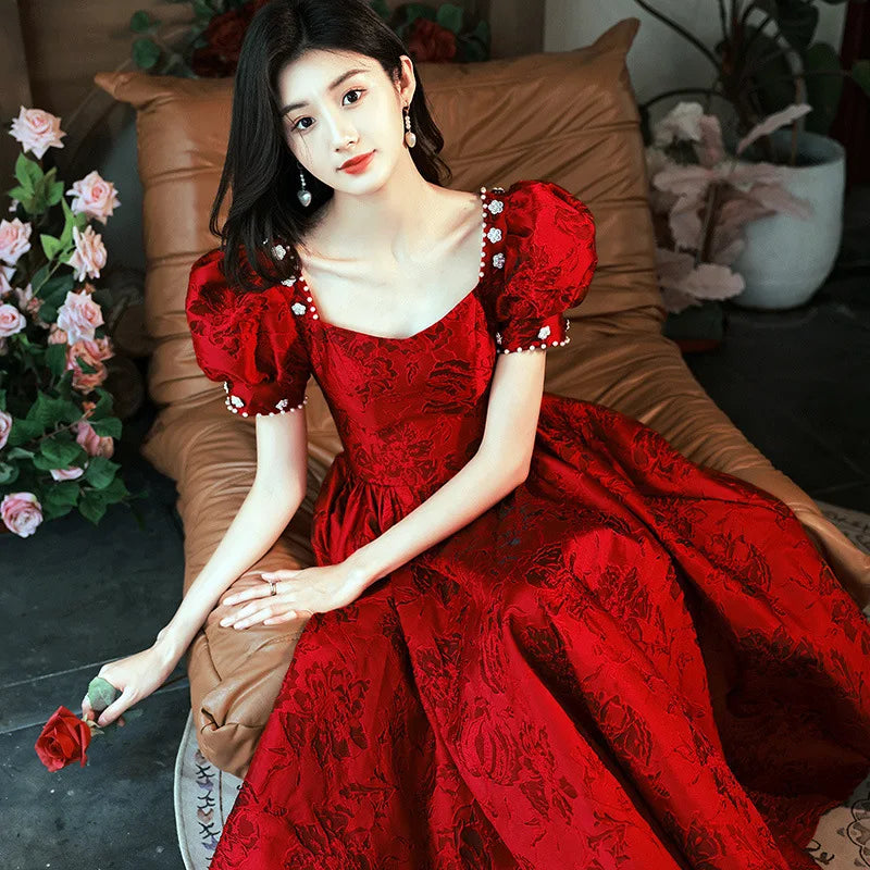 Elegant Red Lace Puff Sleeve Cocktail Midi Dress on Luulla