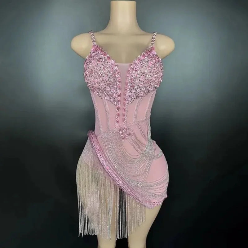 pink dress with rhinestone fringe SHINE MY WAY BANDAGE MIDI DRESS WITH RHINESTONE FRINGE PINK