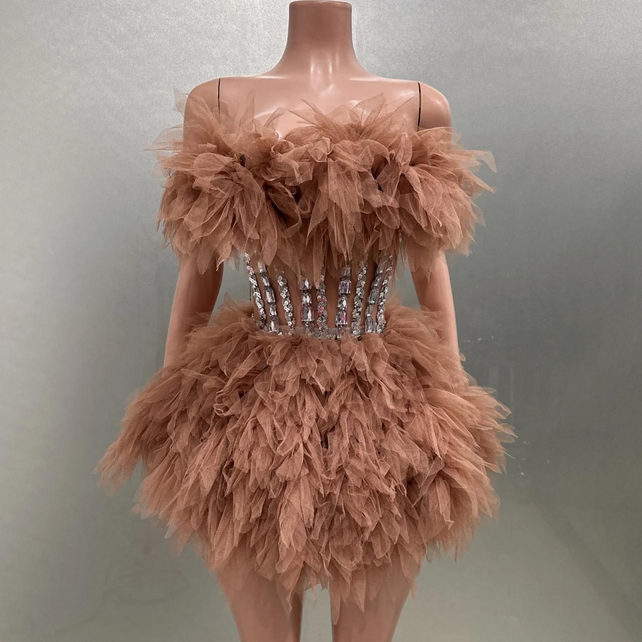 brown feather dress Lapointe Oat Satin Halter Feather Trim Gown main image 0