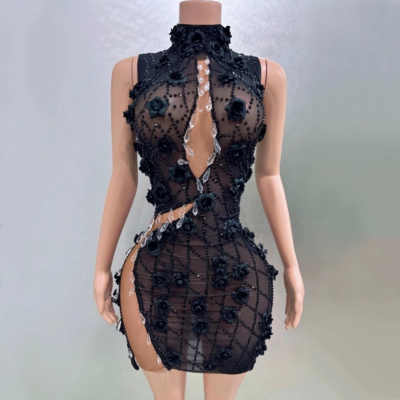 Sheer Floral Applique Black Bodycon Dress on Luulla