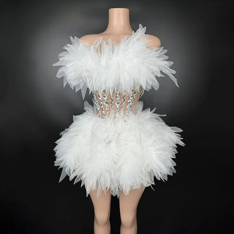 white corset feather dress FIONA WHITE FEATHER CORSET MINI DRESS