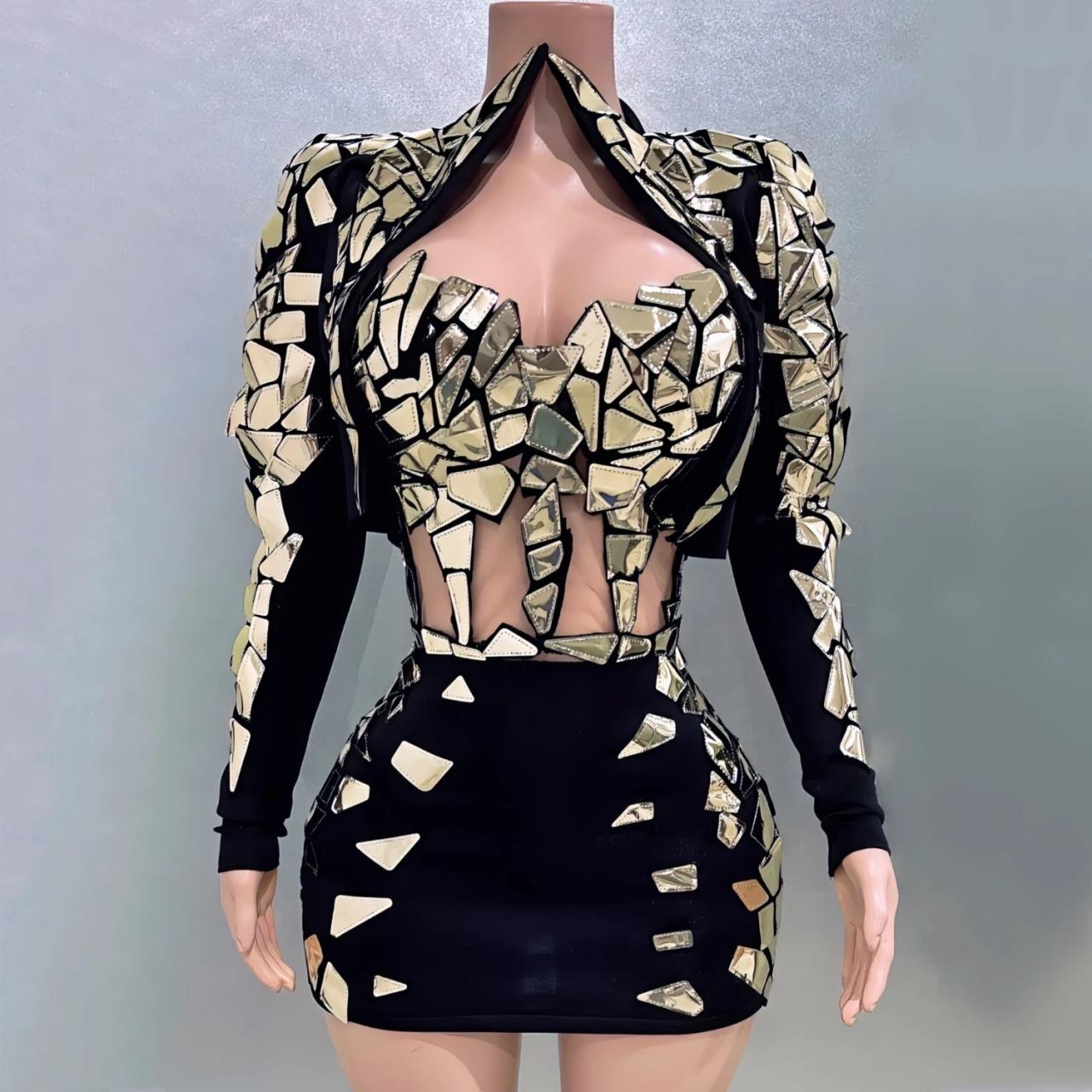 black and gold geometric dress Wedtrend Women Black Golden Mirror Prom Dress A Line Spaghetti Straps  Sequins Long Corset Evening Dress – WEDTREND main image 1