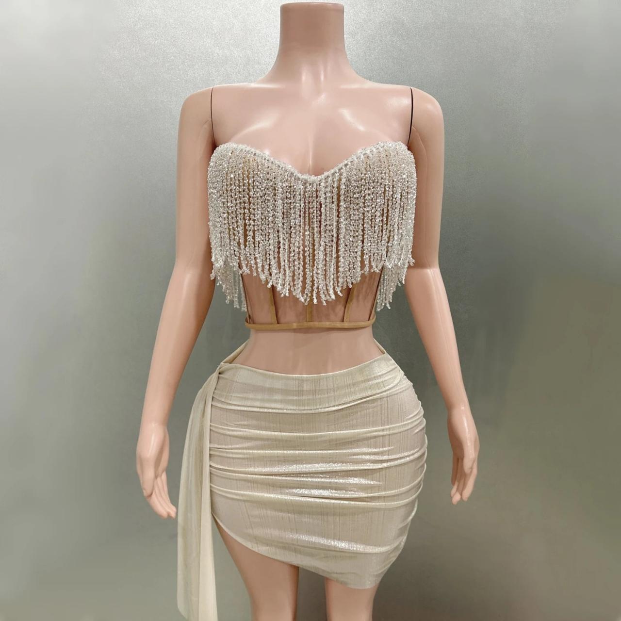 Glamorous Fringe Pearl Top And Skirt Set on Luulla