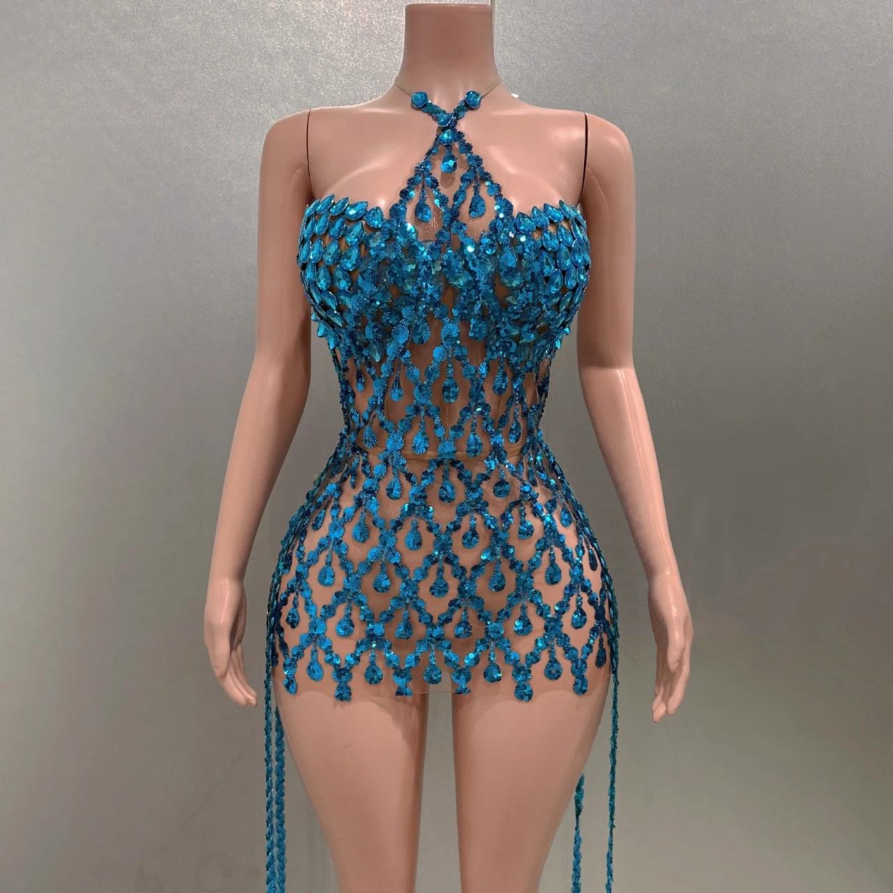 Blue Sequin Halter Mesh Mini Dress on Luulla