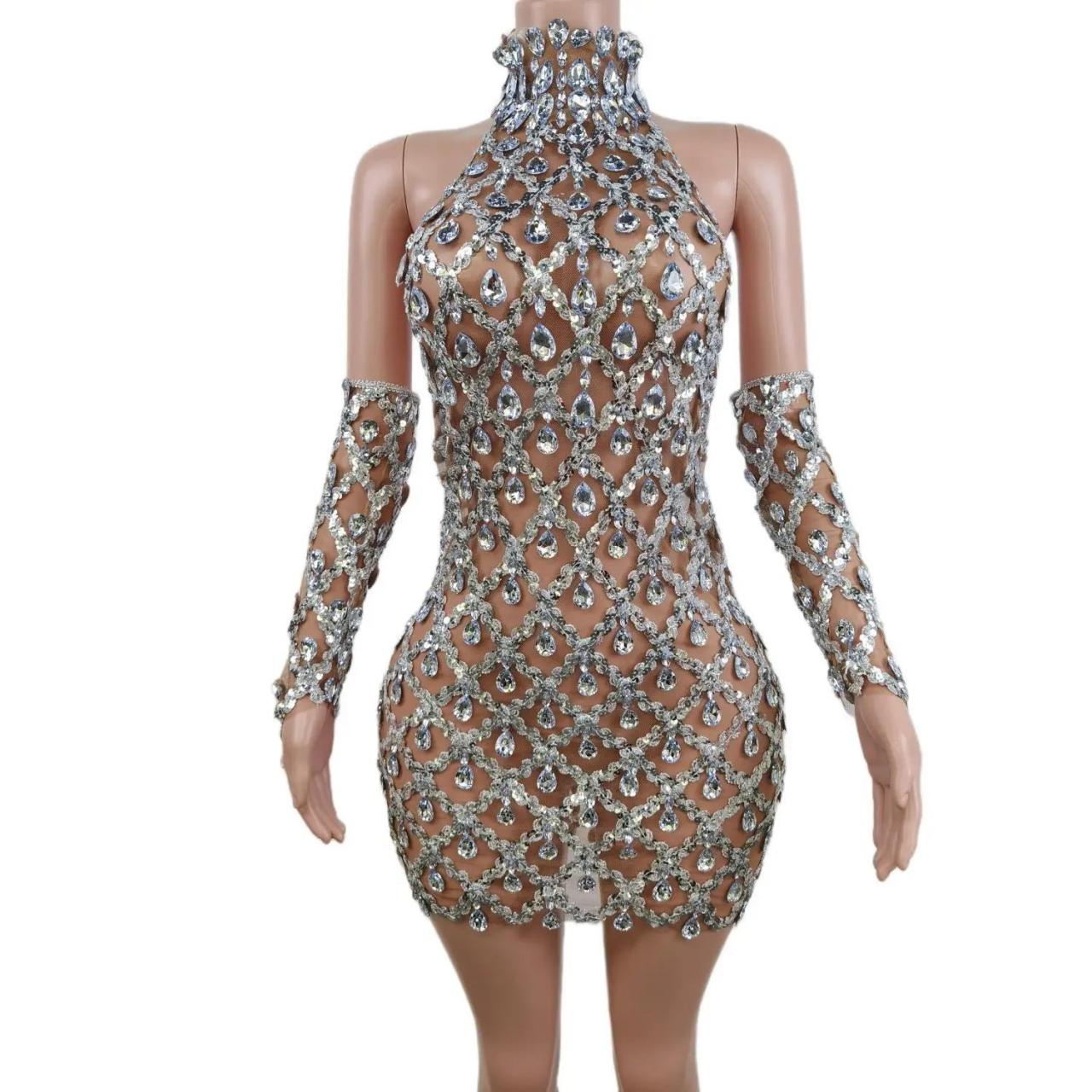 Glamorous Rhinestone Mesh Halter Mini Dress on Luulla