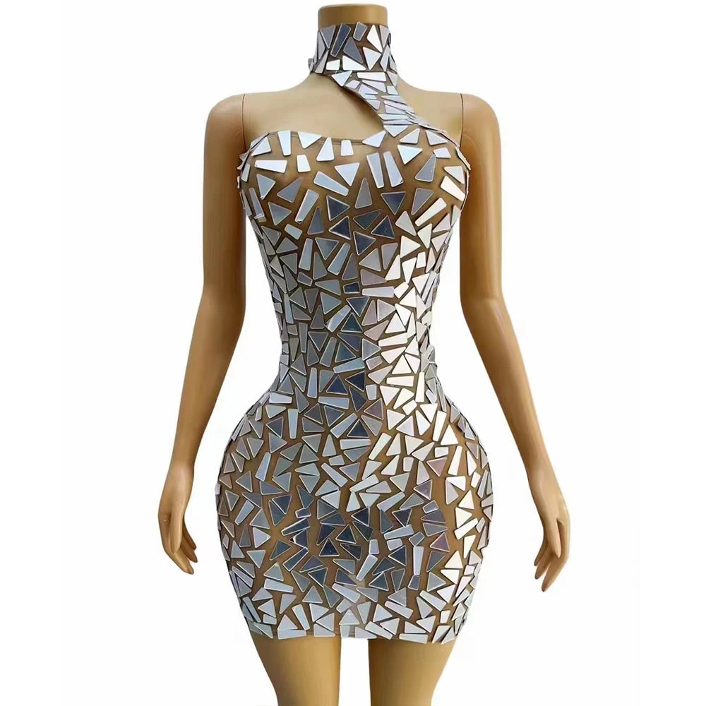 Reflective Geometric Sequin Bodycon Halter Mini Dress
