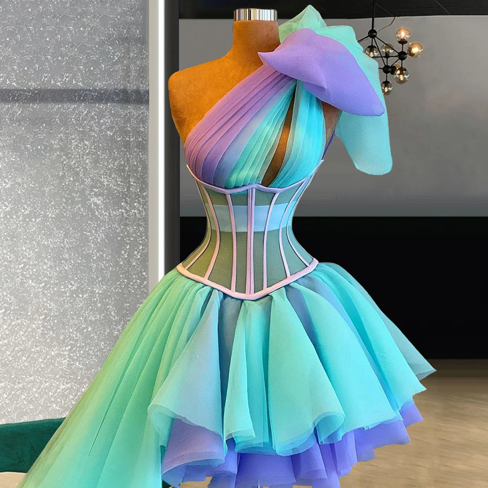 One-Shoulder Multicolor Tulle Corset Party Dress