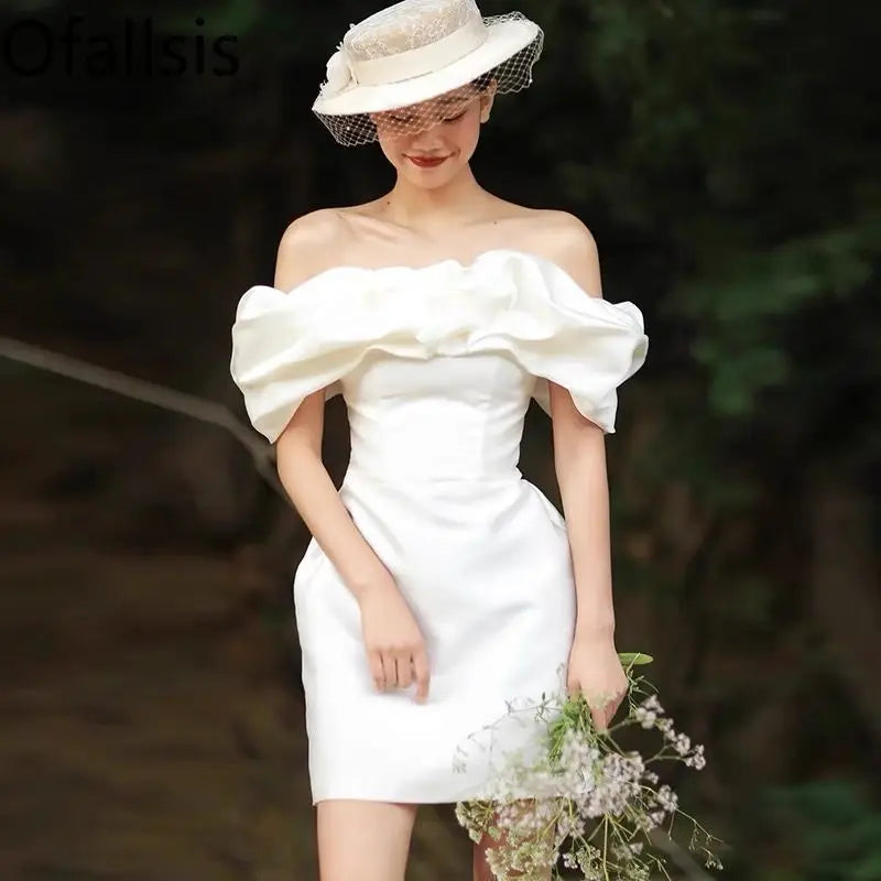 Elegant White Off-shoulder Mini Dress Bridal