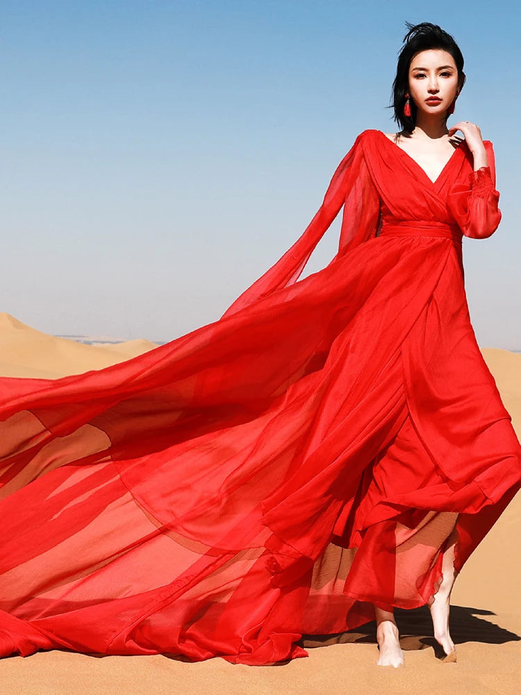 Elegant Flowing Red Maxi Dress For Women