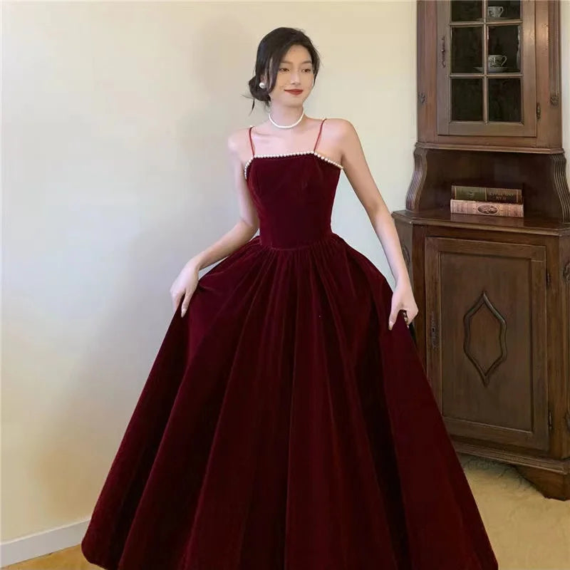 Elegant Burgundy Velvet Spaghetti Strap Evening Gown on Luulla