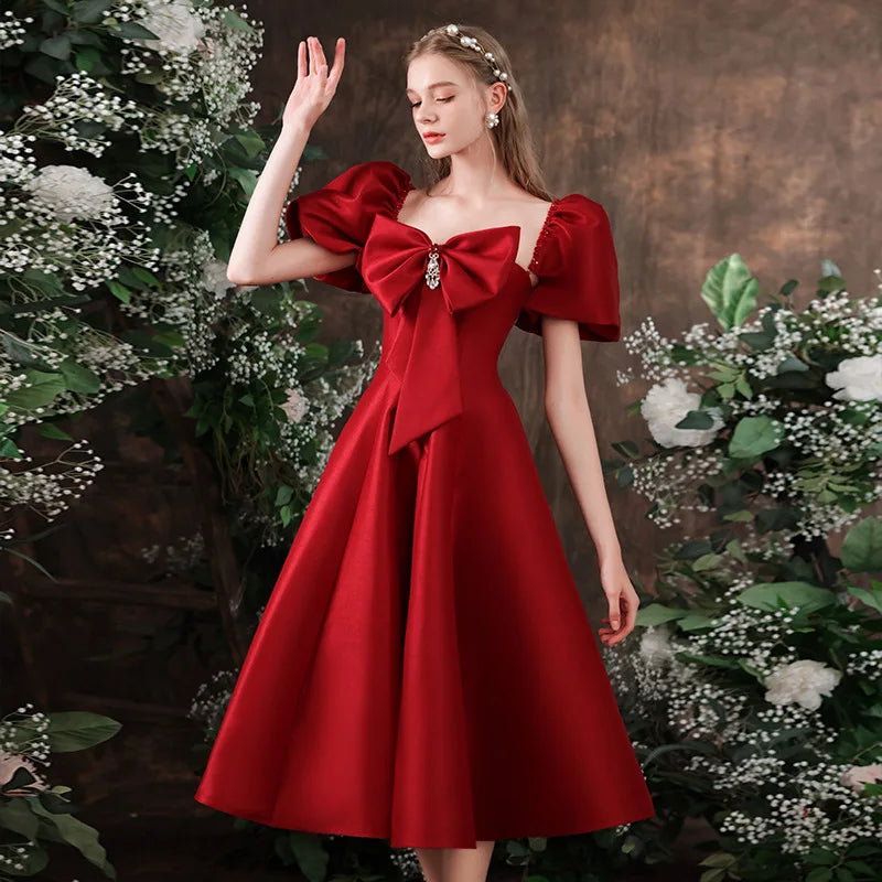 Elegant Red Bow Puff Sleeve Dress