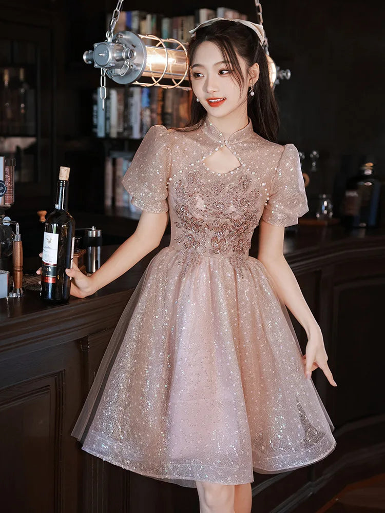 Elegant Sparkling Short Sleeve Evening Party Dress