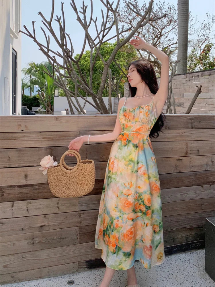 Anoush Flower Spaghetti Lace Up Maxi Dress