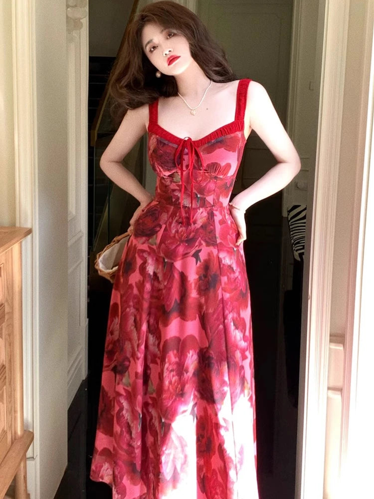 Elegant Floral Maxi Dress With Red Straps on Luulla
