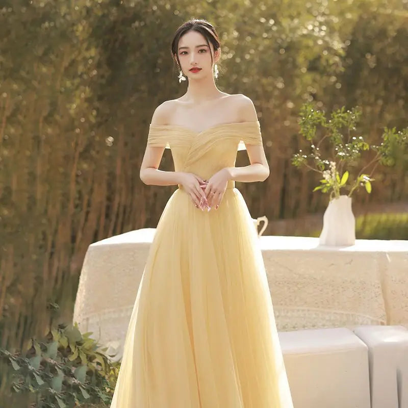 bridesmaid dresses modcloth Yellow Tulle Long A-Line Prom Dress, Cute Evening Dress with Bow