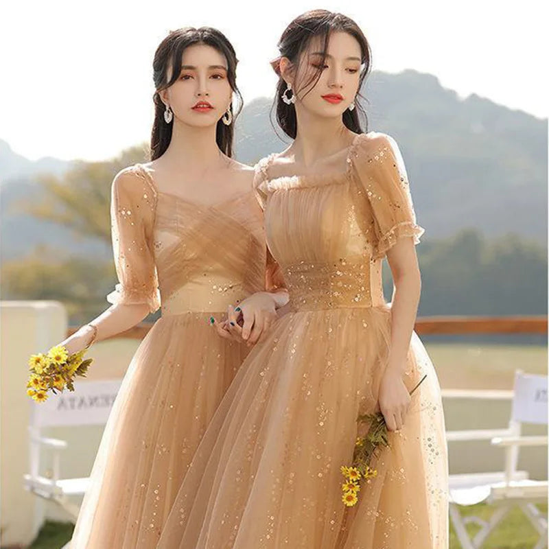 Elegant Champagne Tulle Bridesmaid Dresses With Sleeves