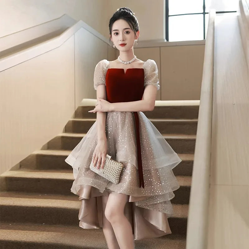 Elegant Layered Mesh Prom Dress with Sleeves