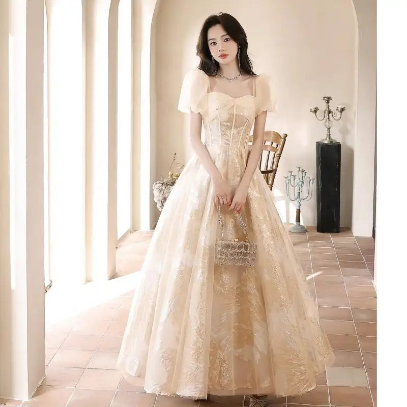 beige puffy dress Long Shimmer Formal Prom Dress with Corset 4351 Champagne / XSmall main image 0