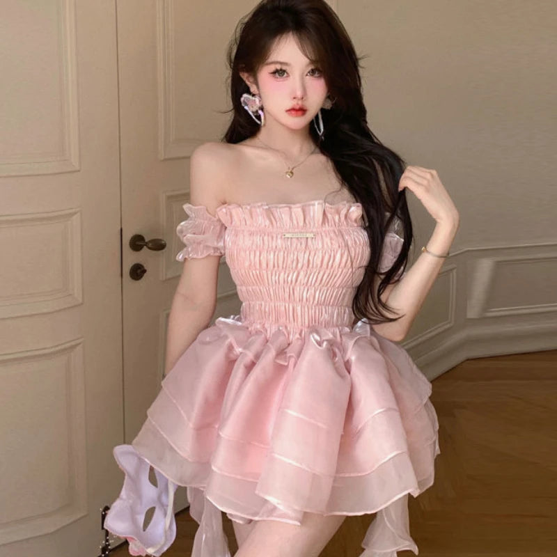 open lace back dress NICOLETTE Off the Shoulder Beaded Tulle Frilly Party Dress main image 0