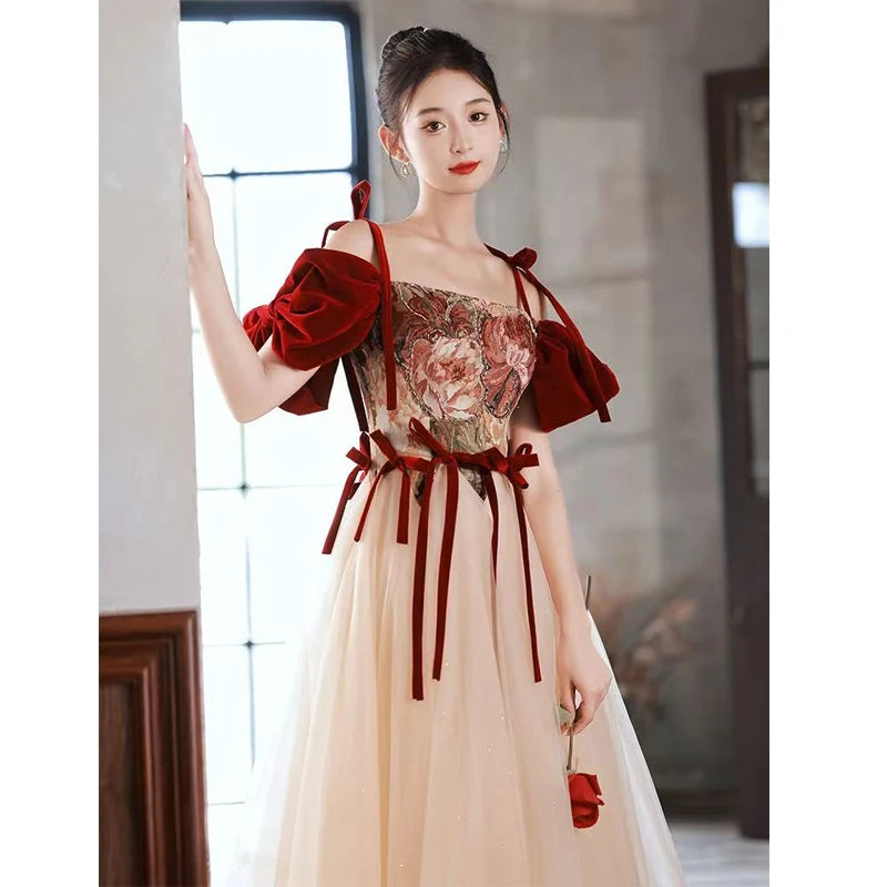 Elegant Strapless Floral Embroidered Evening Gown
