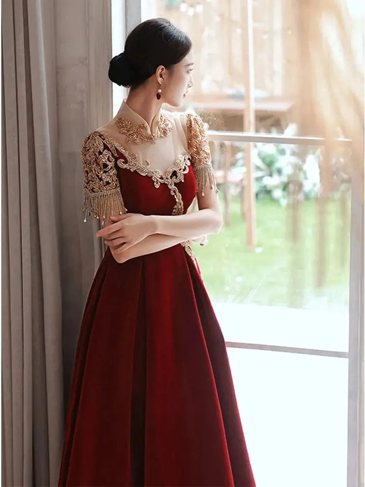 red velvet and gold prom dress Gold Rhinestone Burgundy Velvet Trumpet Prom Dress