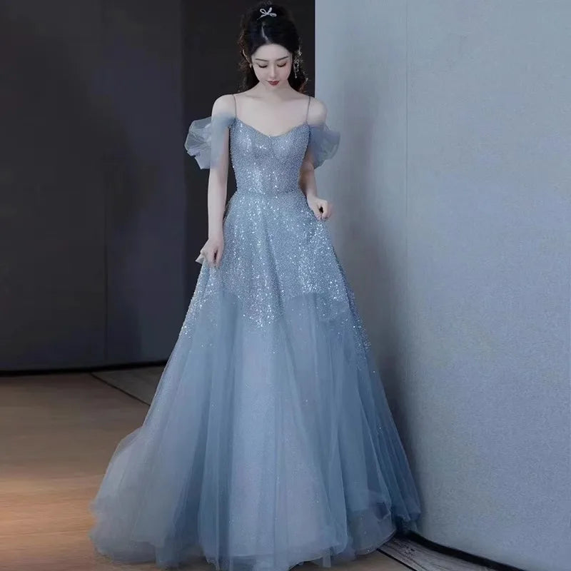 Sparkly Blue Backless Evening Dress Blue Evening Gown Y7416