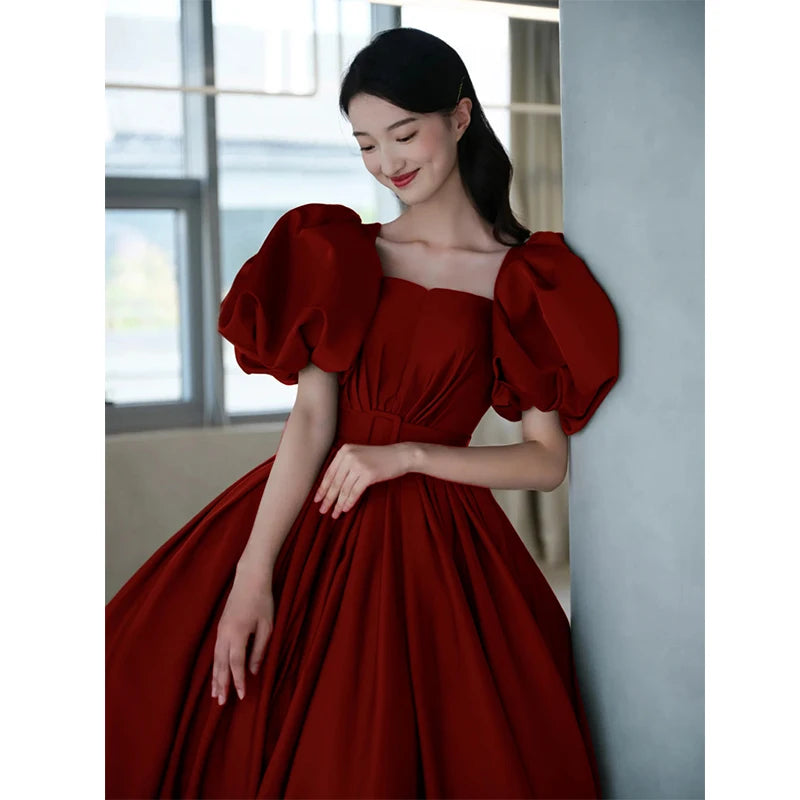 Elegant Red Evening Gown With Puff Sleeves on Luulla