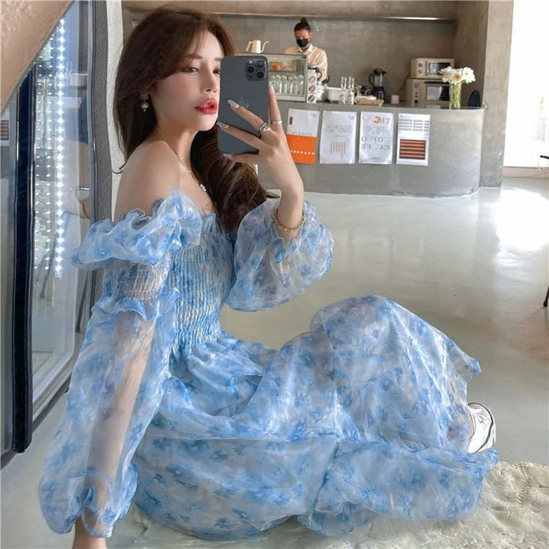 Blue Floral Off-shoulder Maxi Picnic Dress on Luulla
