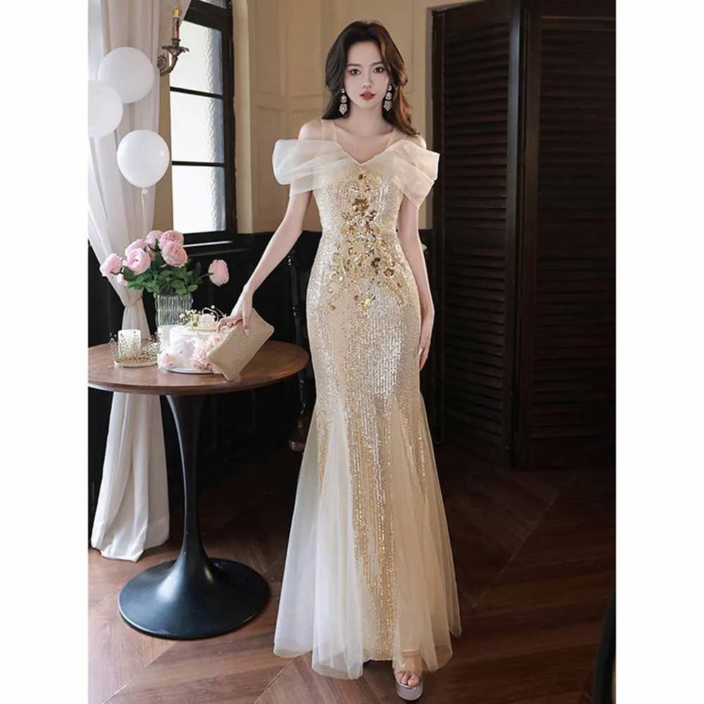 Elegant Off-shoulder Sequin Evening Gown Dress on Luulla